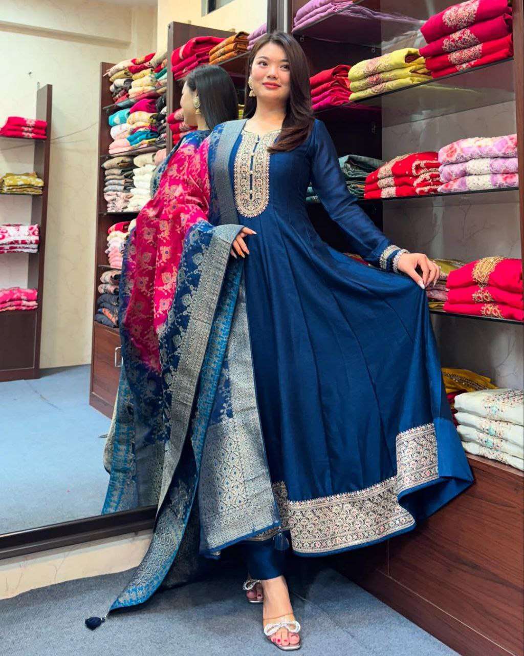 Blue Banarasi Silk Anarkali Gown Suit With Zari Work