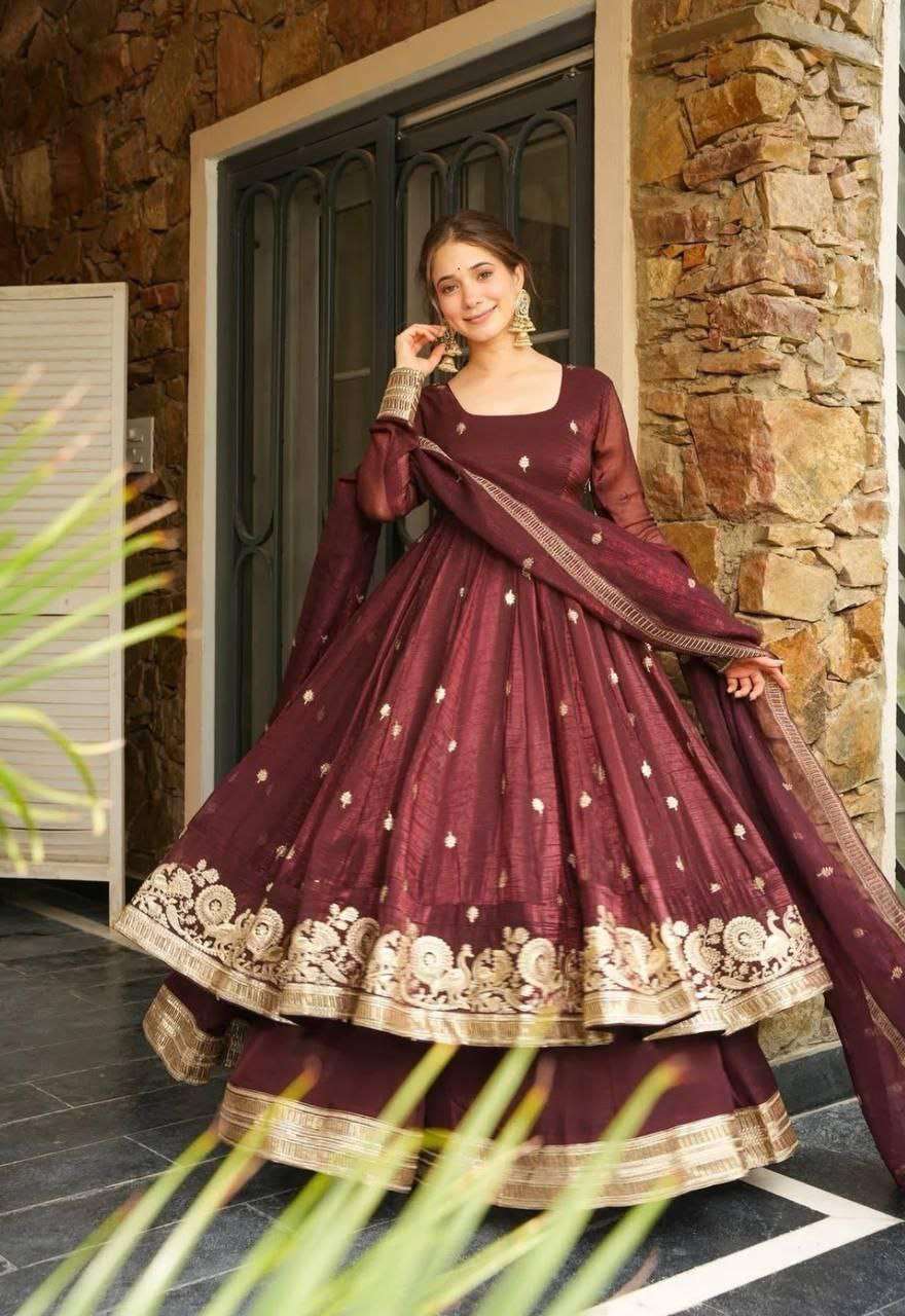 Brown Anrakali Gown & Sharara Combo Suit With Sequence Embroidery And lace Work