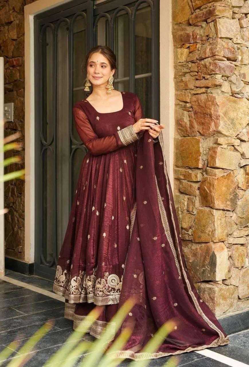 Brown Anrakali Gown & Sharara Combo Suit With Sequence Embroidery And lace Work