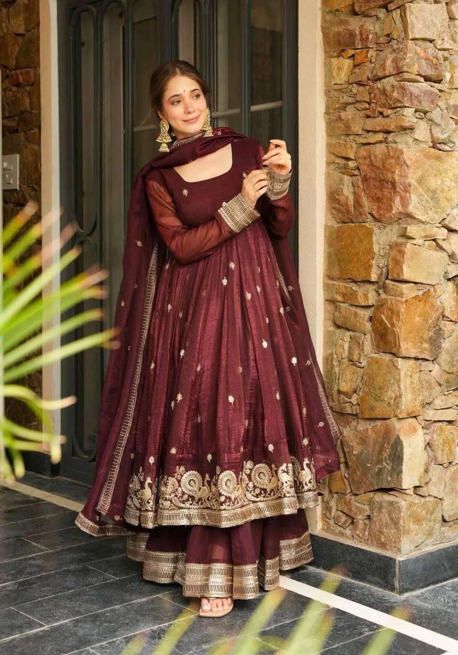 Brown Anrakali Gown & Sharara Combo Suit With Sequence Embroidery And lace Work