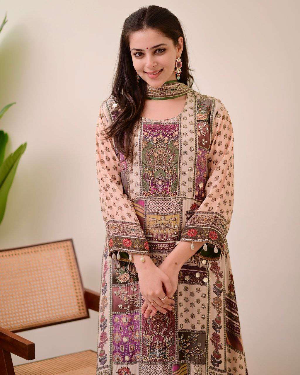 Chinon Silk Kurta Sharara Set with Sequins Embroidery Work for Women