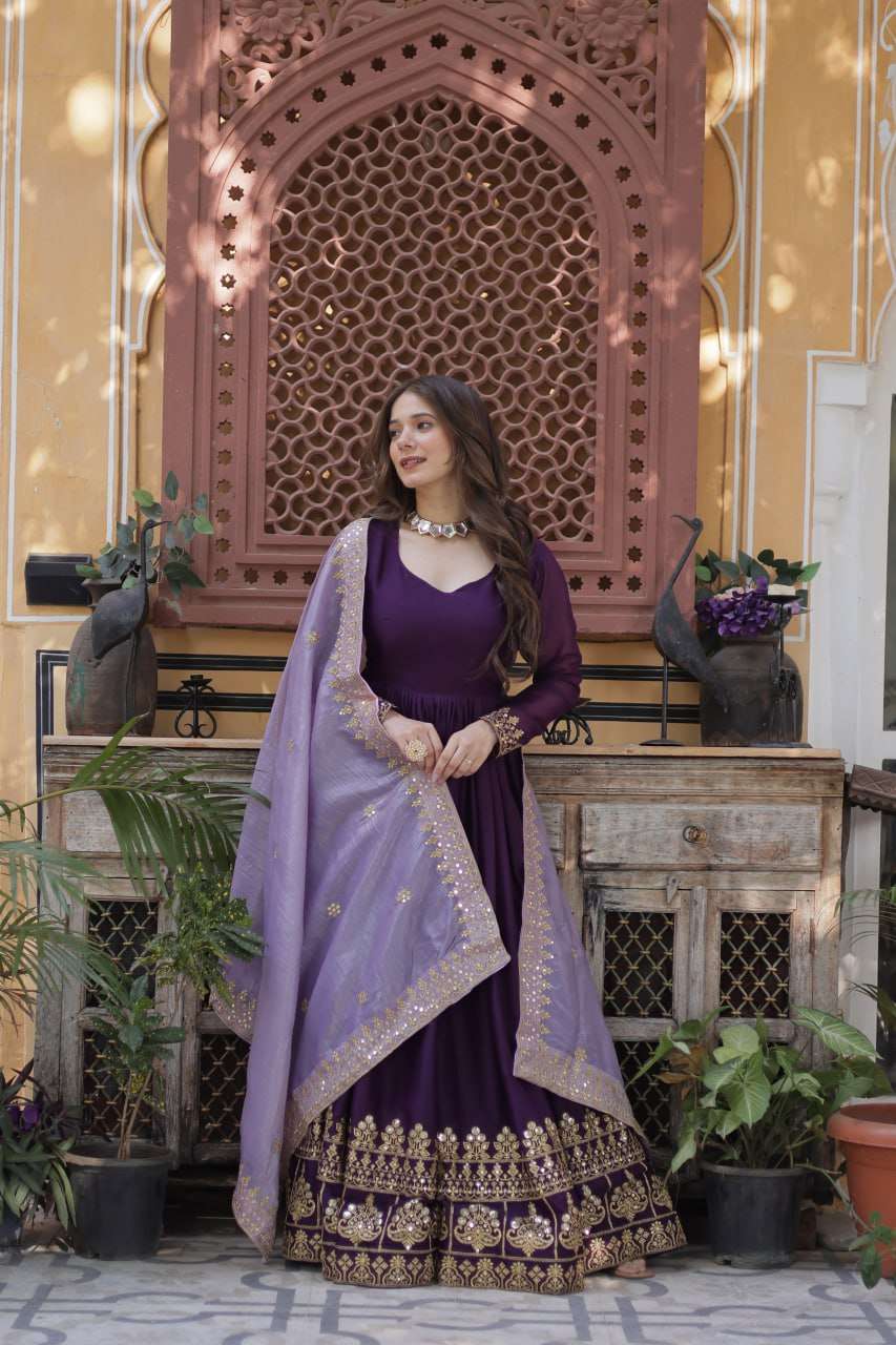 Premium Zari & Sequins Embroidered Gown with Gold Crush Dupatta