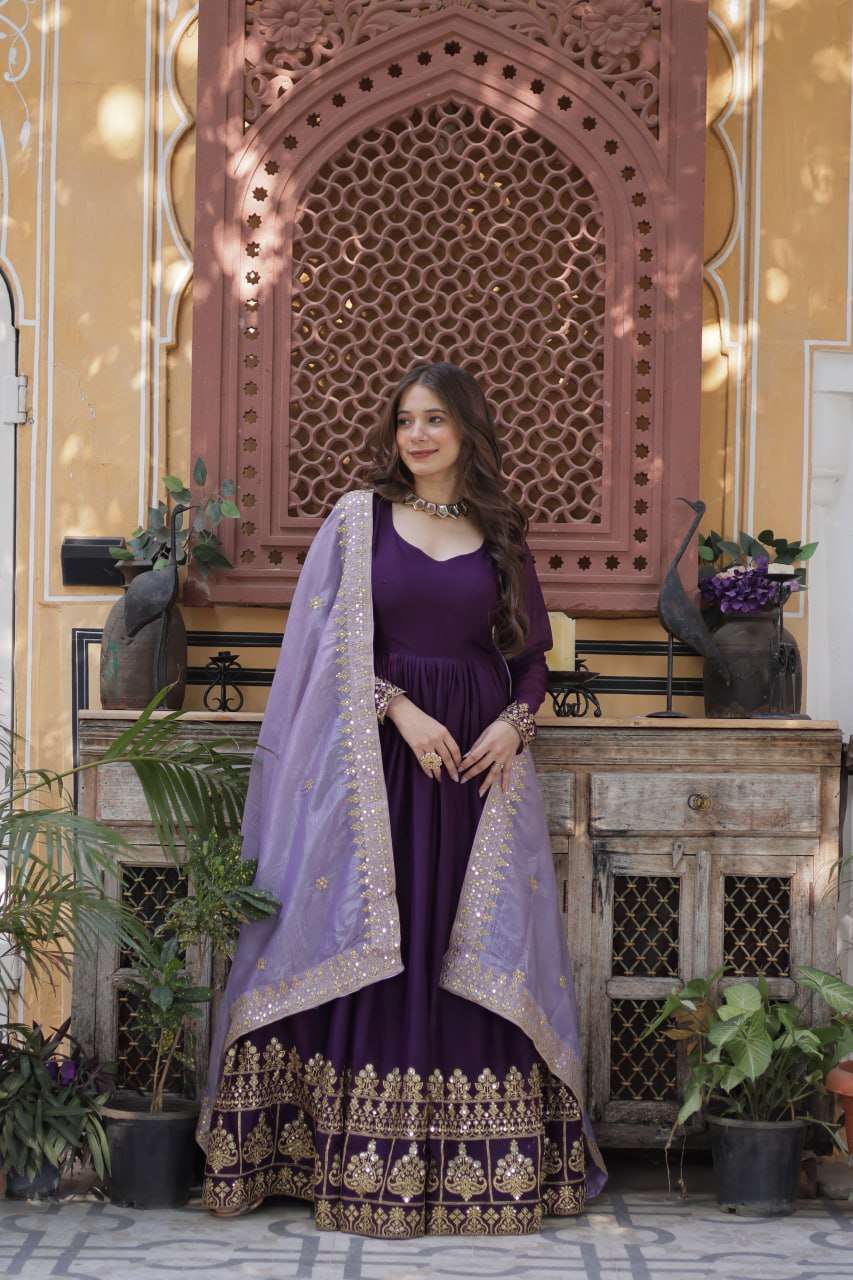 Premium Zari & Sequins Embroidered Gown with Gold Crush Dupatta