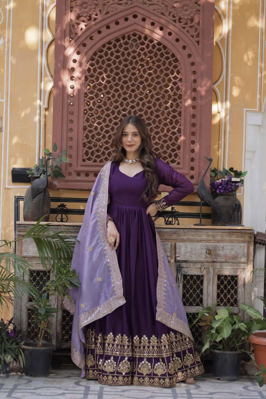 Premium Zari & Sequins Embroidered Gown with Gold Crush Dupatta