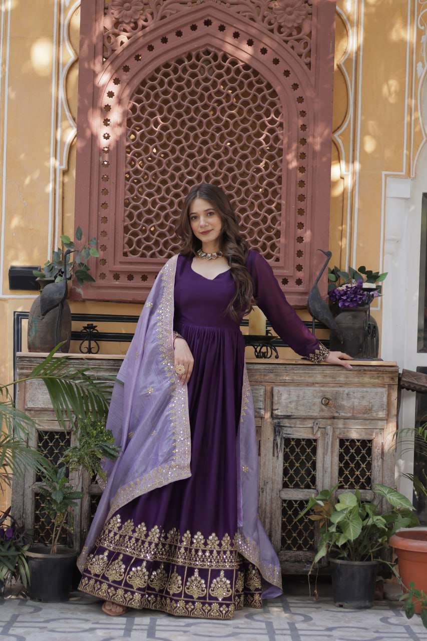 Premium Zari & Sequins Embroidered Gown with Gold Crush Dupatta