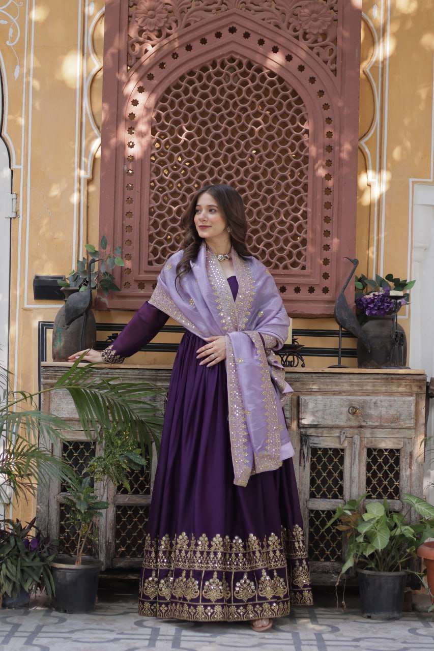 Premium Zari & Sequins Embroidered Gown with Gold Crush Dupatta