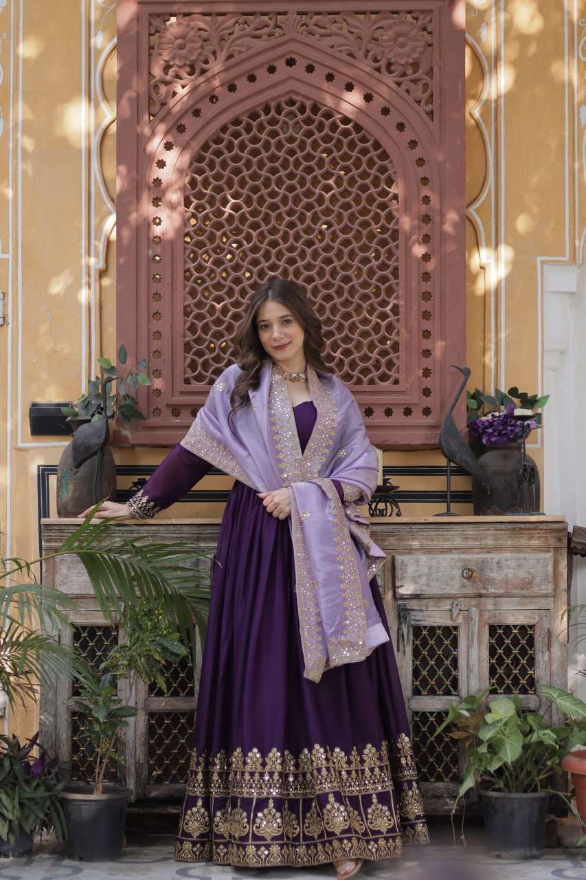 Premium Zari & Sequins Embroidered Gown with Gold Crush Dupatta
