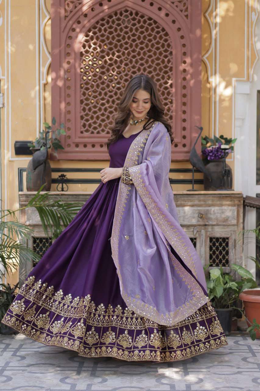 Premium Zari & Sequins Embroidered Gown with Gold Crush Dupatta