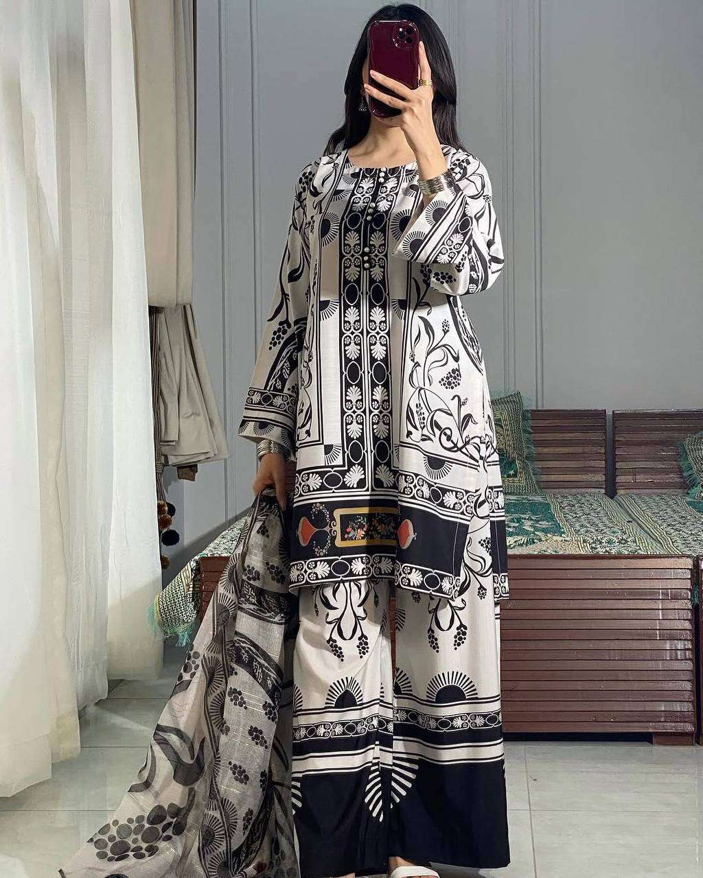 Black & White Designer Farsi Salwar Suit WIth Chiffon Duppatta Suit set