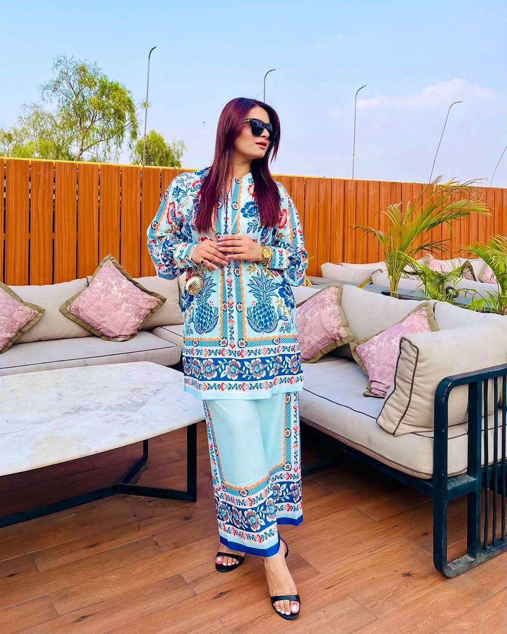 White & Blue Digital Printed Designer Farsi  Suit WIth Chiffon Duppatta Suit set