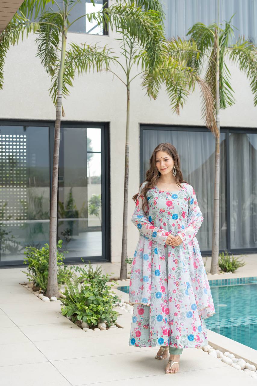 Floral Print Organza Silk Anarkali Gown With Pant & Duppatta