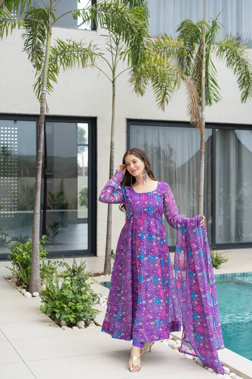 Purple Floral Print Organza Silk Anarkali Gown With Pant & Duppatta