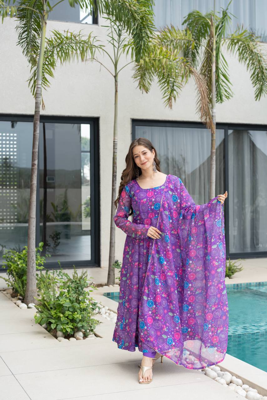 Purple Floral Print Organza Silk Anarkali Gown With Pant & Duppatta