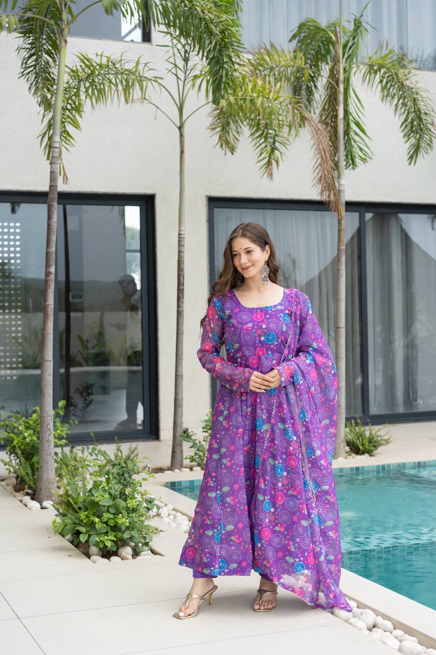 Purple Floral Print Organza Silk Anarkali Gown With Pant & Duppatta