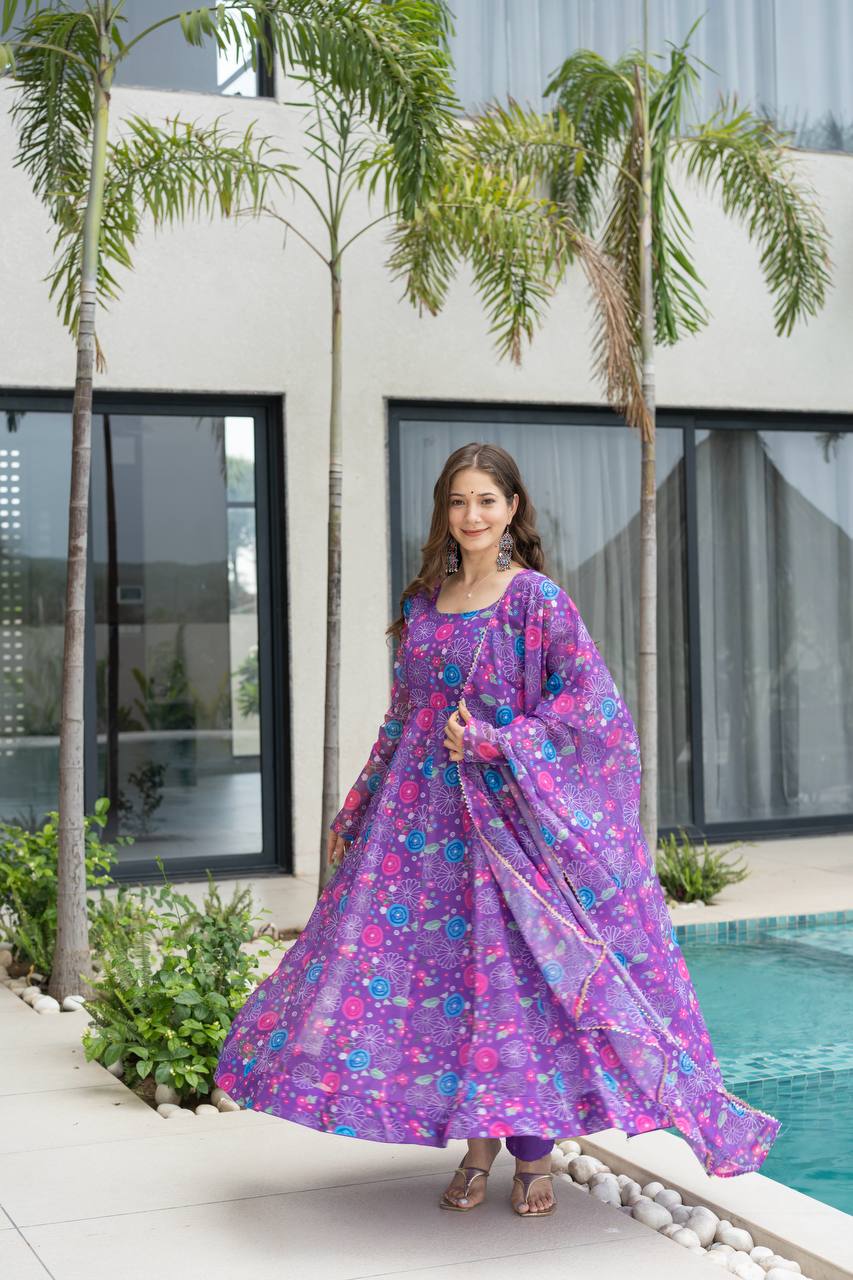 Purple Floral Print Organza Silk Anarkali Gown With Pant & Duppatta