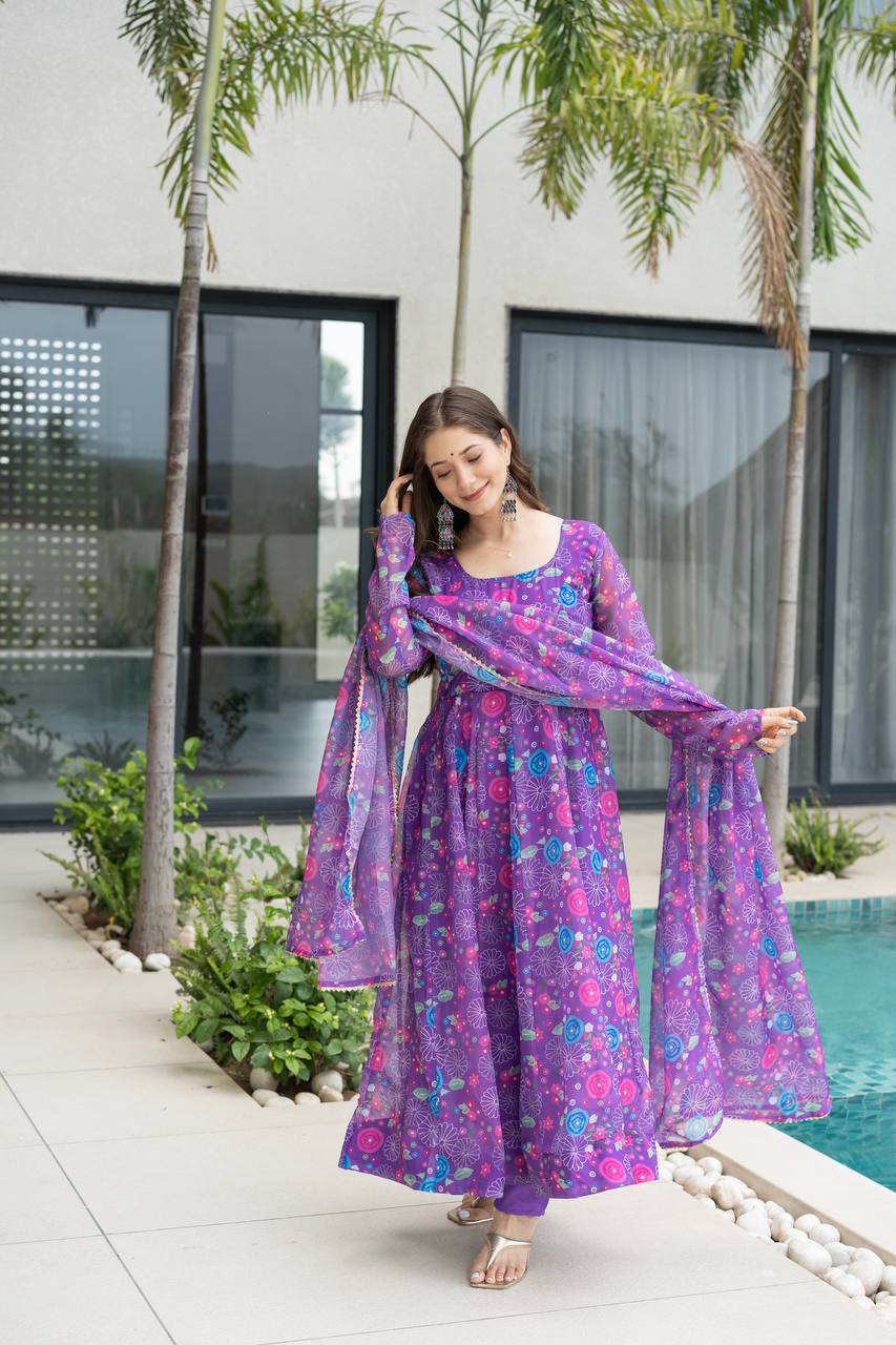Purple Floral Print Organza Silk Anarkali Gown With Pant & Duppatta