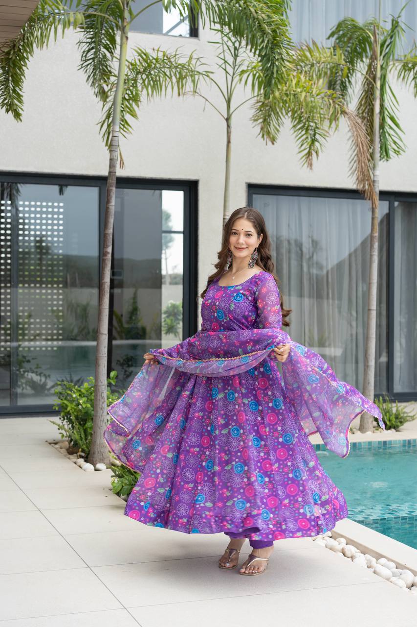 Purple Floral Print Organza Silk Anarkali Gown With Pant & Duppatta