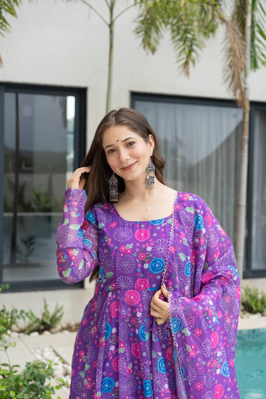Purple Floral Print Organza Silk Anarkali Gown With Pant & Duppatta