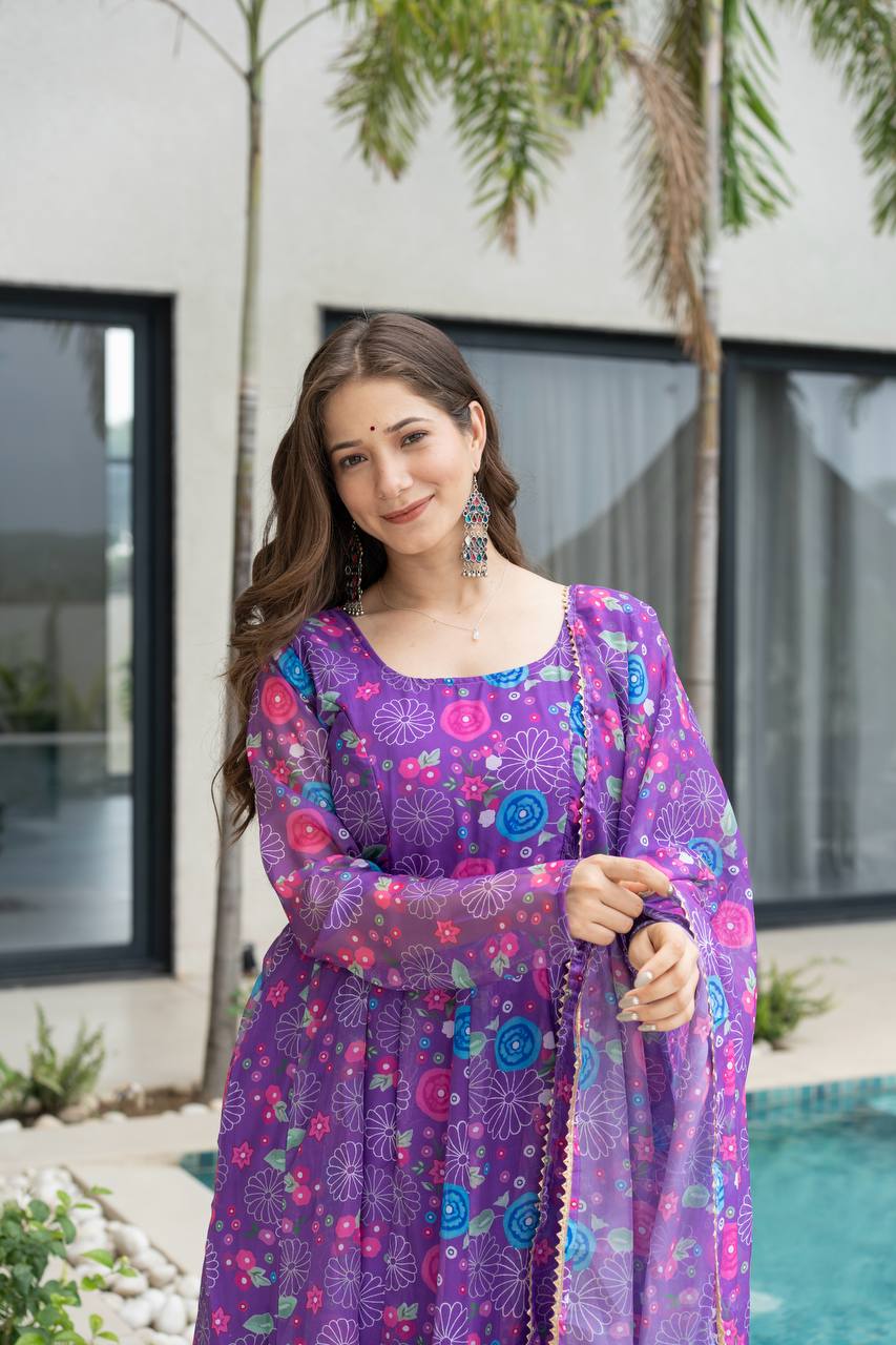 Purple Floral Print Organza Silk Anarkali Gown With Pant & Duppatta