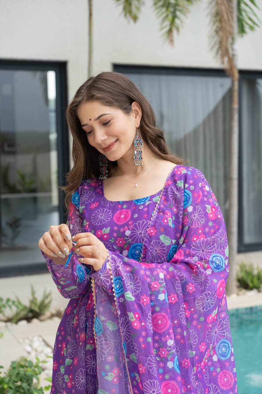 Purple Floral Print Organza Silk Anarkali Gown With Pant & Duppatta