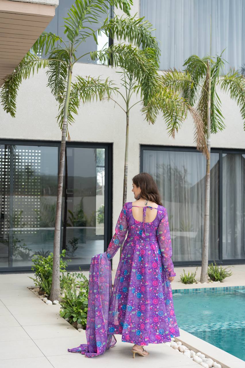 Purple Floral Print Organza Silk Anarkali Gown With Pant & Duppatta