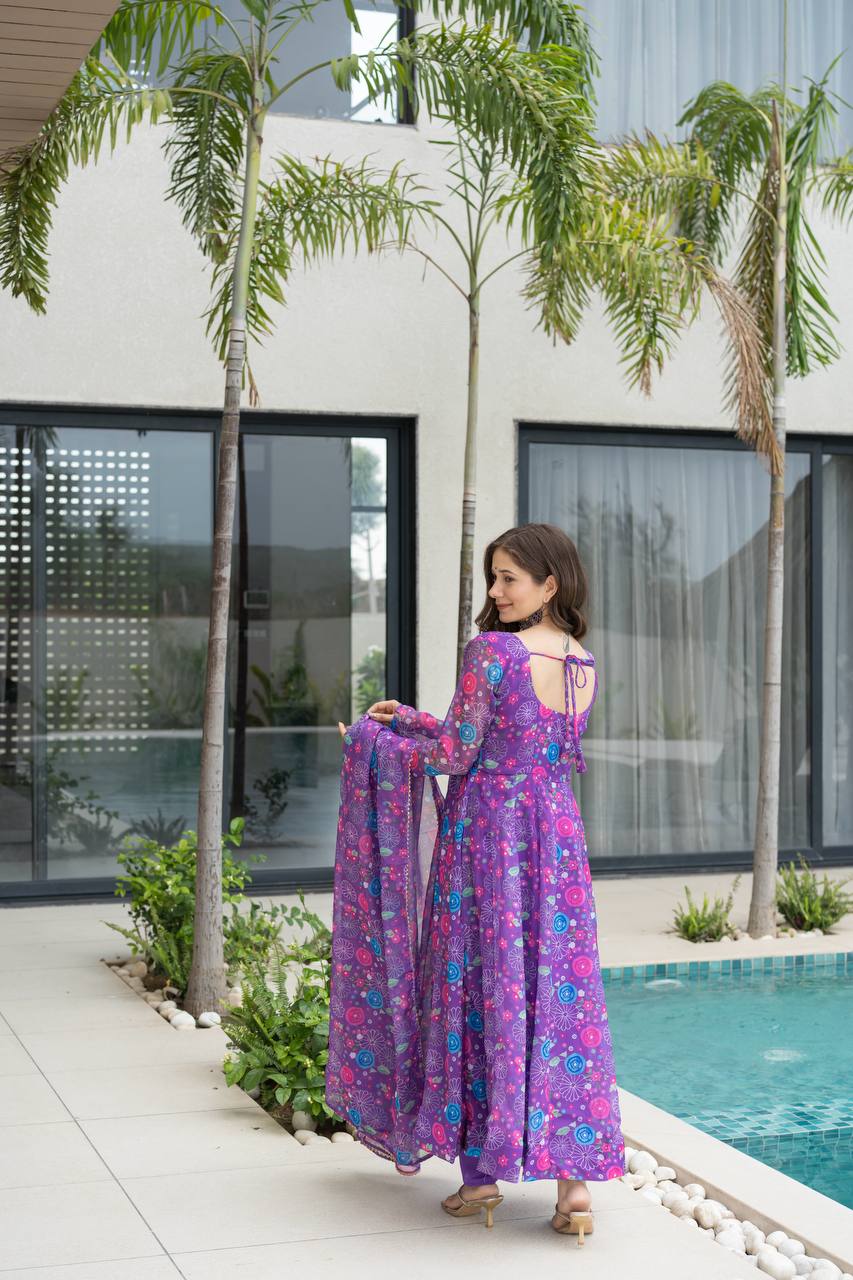Purple Floral Print Organza Silk Anarkali Gown With Pant & Duppatta