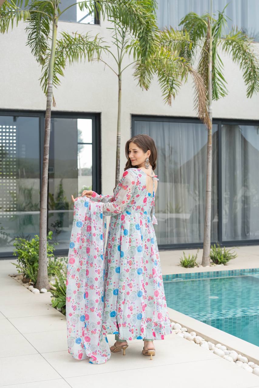 Floral Print Organza Silk Anarkali Gown With Pant & Duppatta