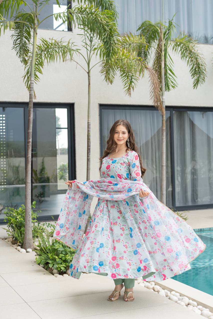 Floral Print Organza Silk Anarkali Gown With Pant & Duppatta