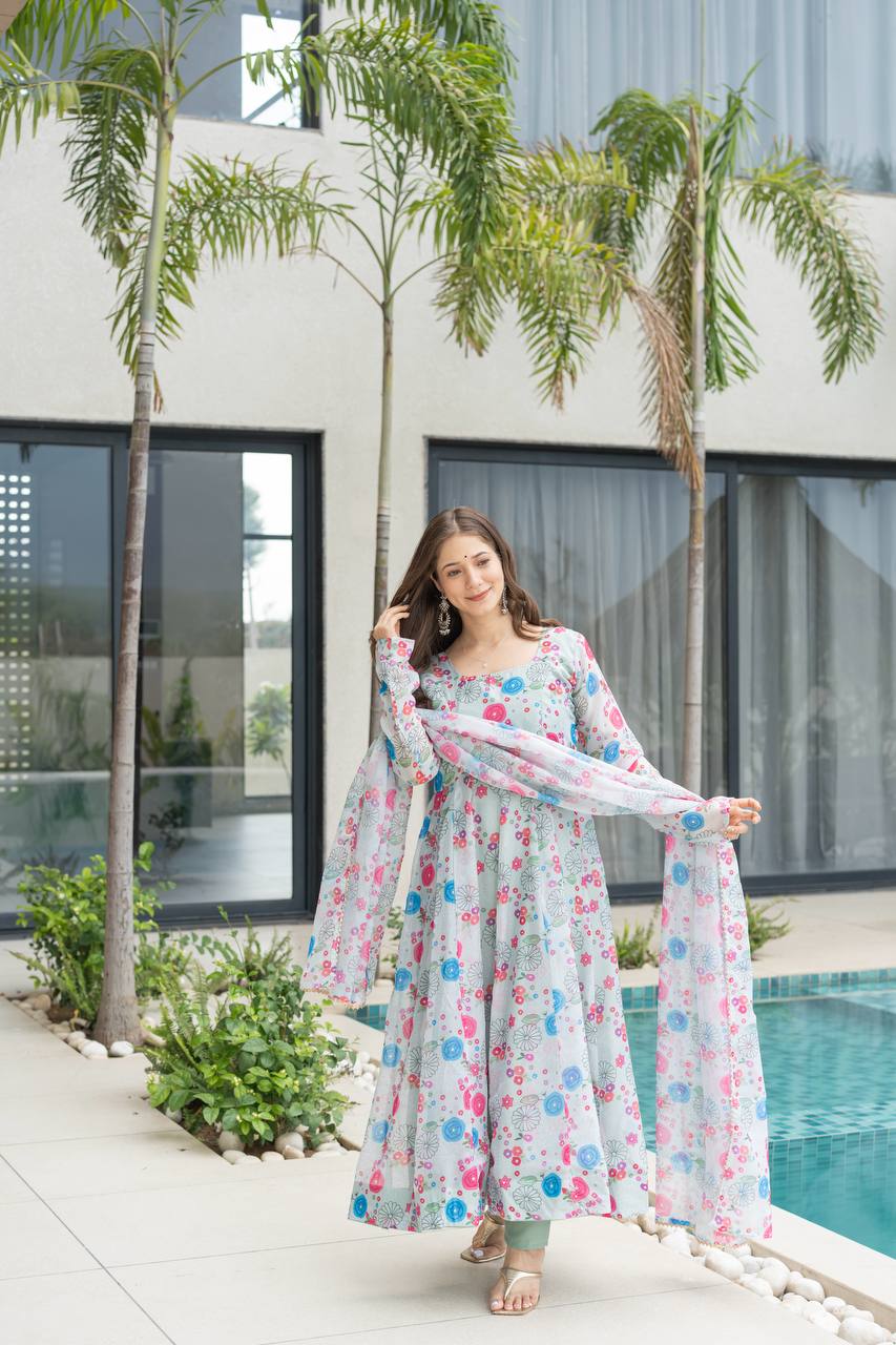 Floral Print Organza Silk Anarkali Gown With Pant & Duppatta