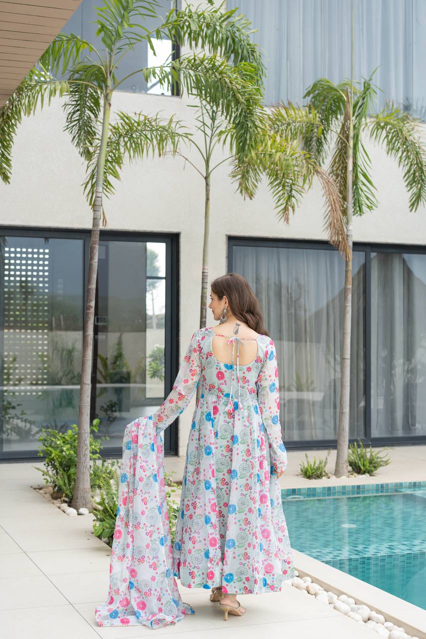 Floral Print Organza Silk Anarkali Gown With Pant & Duppatta