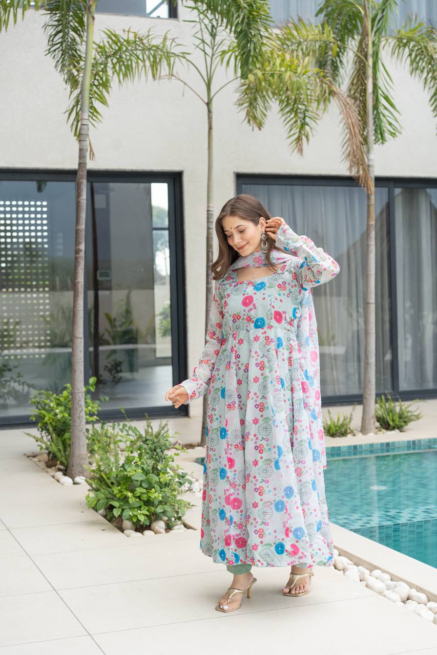 Floral Print Organza Silk Anarkali Gown With Pant & Duppatta