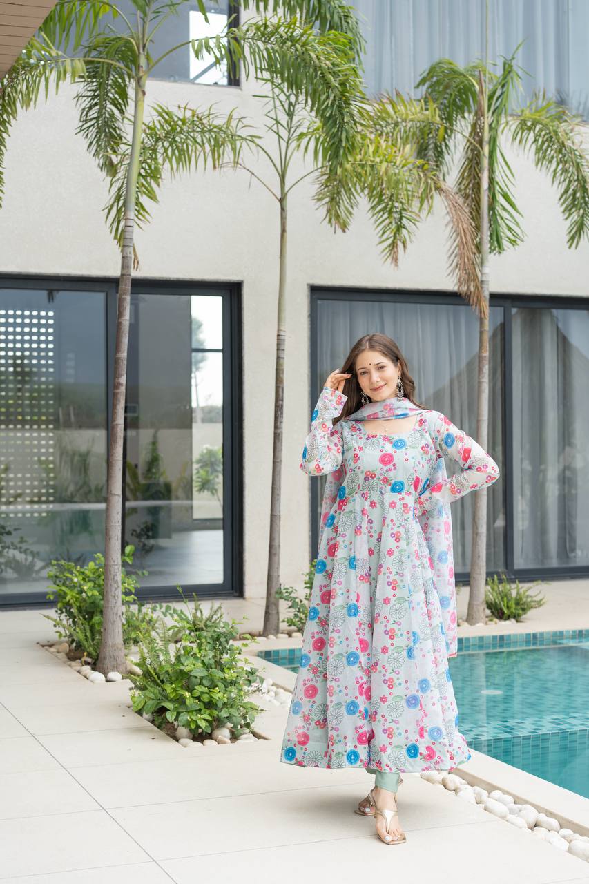 Floral Print Organza Silk Anarkali Gown With Pant & Duppatta
