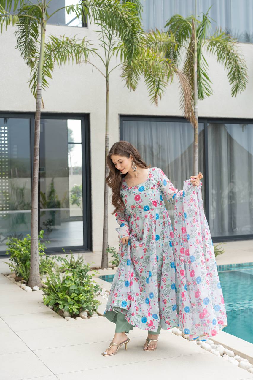 Floral Print Organza Silk Anarkali Gown With Pant & Duppatta