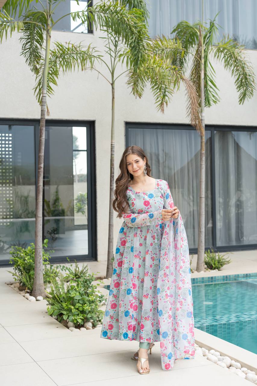 Floral Print Organza Silk Anarkali Gown With Pant & Duppatta