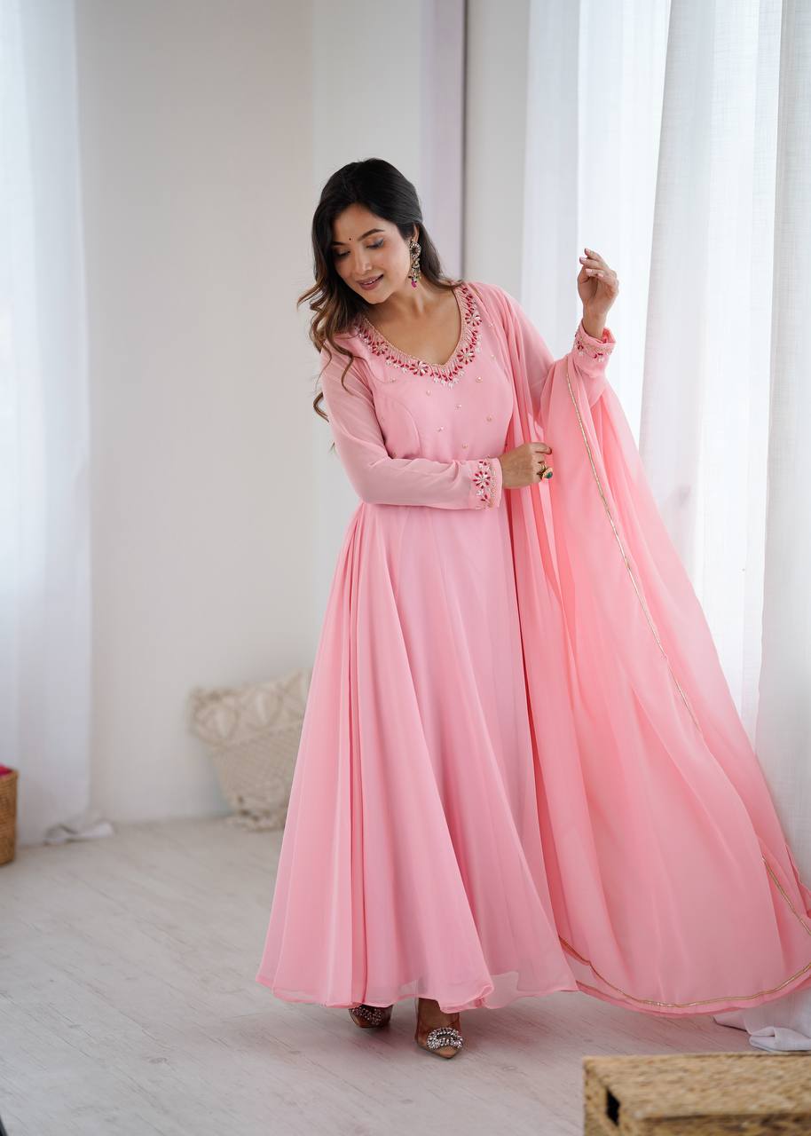 Pink Anarkali Hand Work Gown Set with Pant & Dupatta