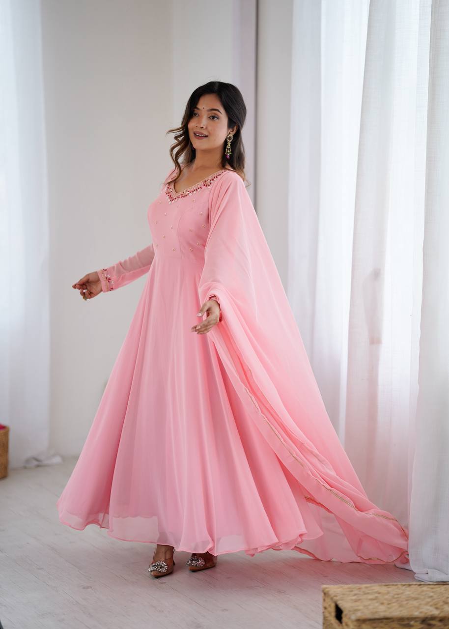 Pink Anarkali Hand Work Gown Set with Pant & Dupatta