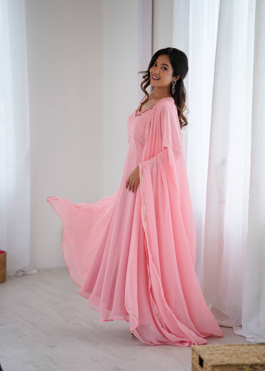 Pink Anarkali Hand Work Gown Set with Pant & Dupatta
