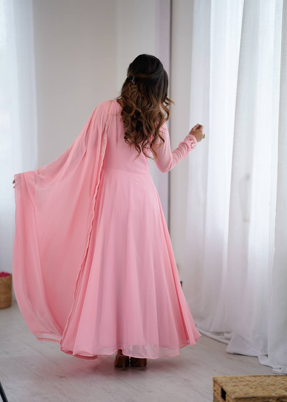 Pink Anarkali Hand Work Gown Set with Pant & Dupatta