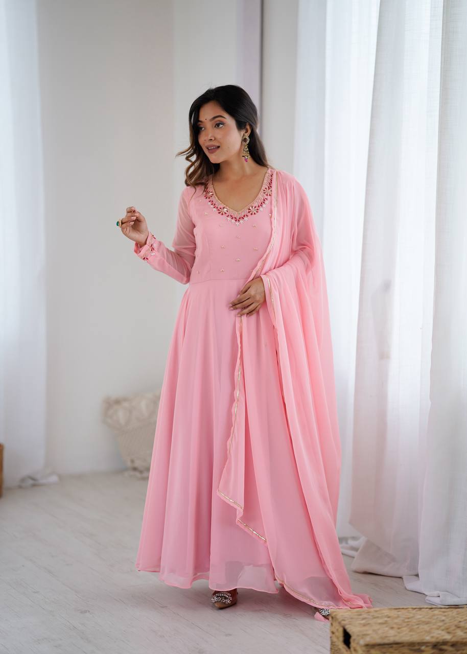 Pink Anarkali Hand Work Gown Set with Pant & Dupatta