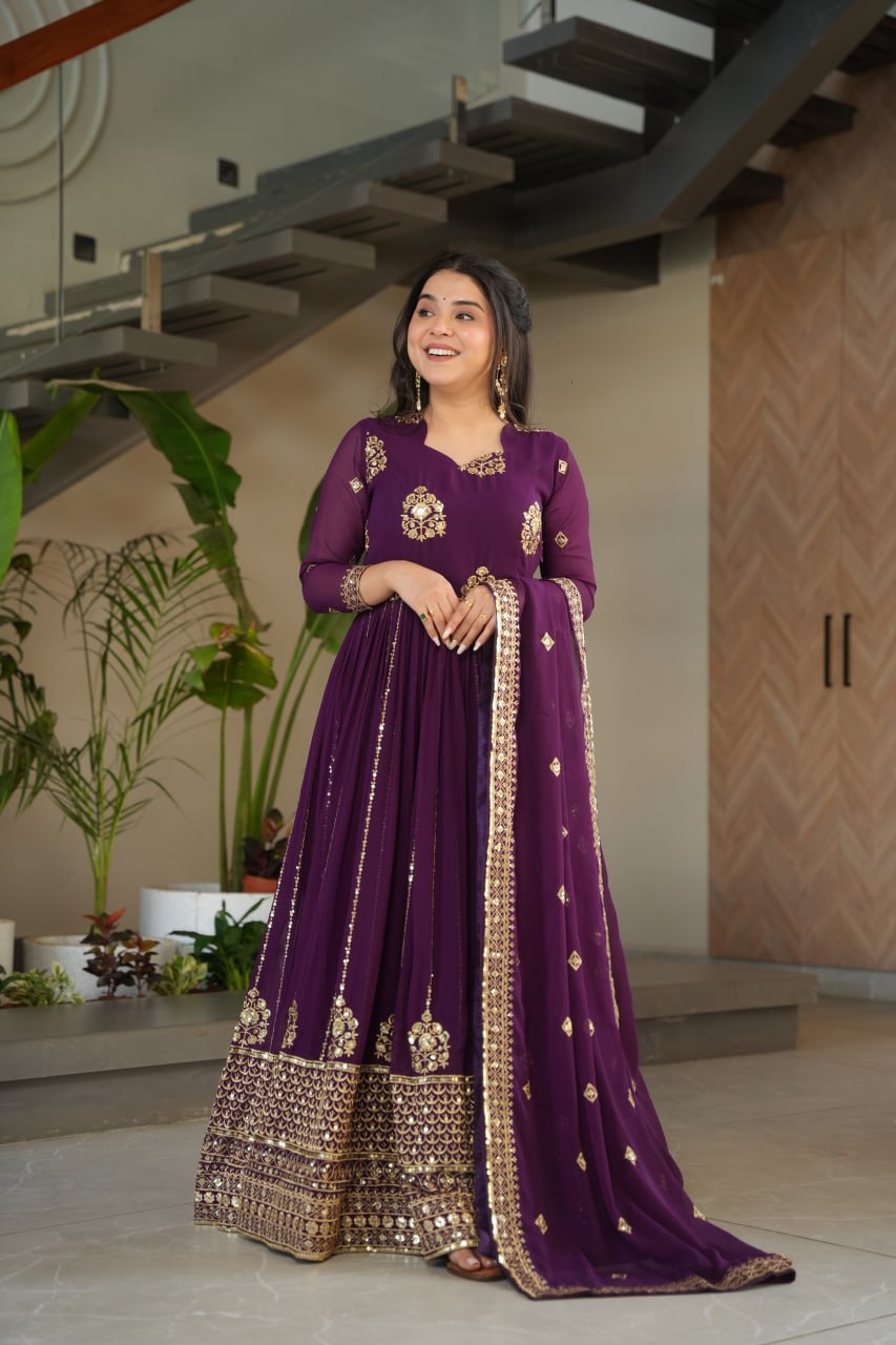 faux blooming gown, designer gown for women, ethnic gown set, zari embroidered gown, sequin work gown, wedding wear gown, festive gown set, stitched gown with dupatta, Indian ethnic wear UK, luxury ethnic gown, full sleeve embroidered gown, ready to wear designer suit, faux blooming fabric gown,