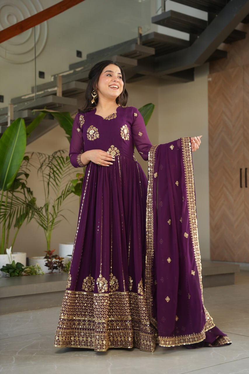 faux blooming gown, designer gown for women, ethnic gown set, zari embroidered gown, sequin work gown, wedding wear gown, festive gown set, stitched gown with dupatta, Indian ethnic wear UK, luxury ethnic gown, full sleeve embroidered gown, ready to wear designer suit, faux blooming fabric gown,