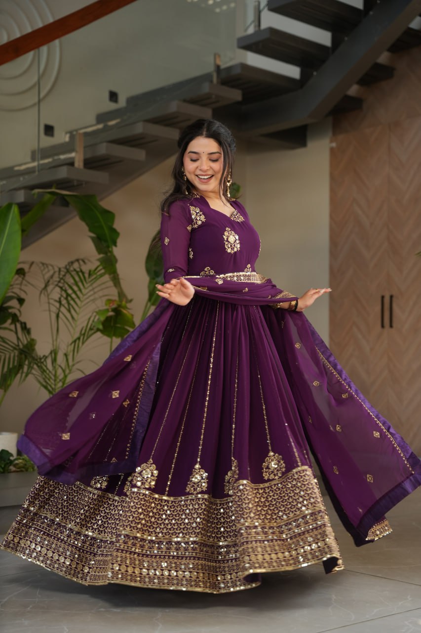faux blooming gown, designer gown for women, ethnic gown set, zari embroidered gown, sequin work gown, wedding wear gown, festive gown set, stitched gown with dupatta, Indian ethnic wear UK, luxury ethnic gown, full sleeve embroidered gown, ready to wear designer suit, faux blooming fabric gown,