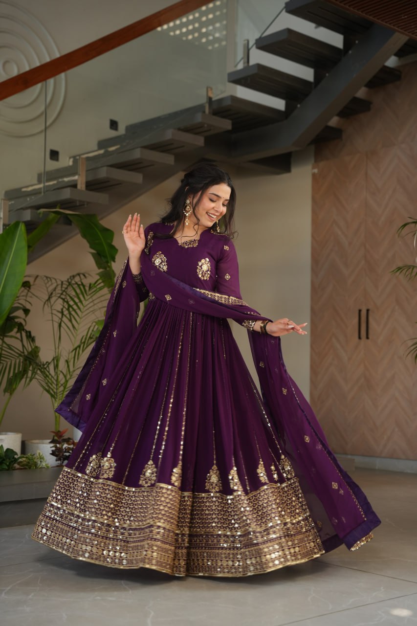 faux blooming gown, designer gown for women, ethnic gown set, zari embroidered gown, sequin work gown, wedding wear gown, festive gown set, stitched gown with dupatta, Indian ethnic wear UK, luxury ethnic gown, full sleeve embroidered gown, ready to wear designer suit, faux blooming fabric gown,