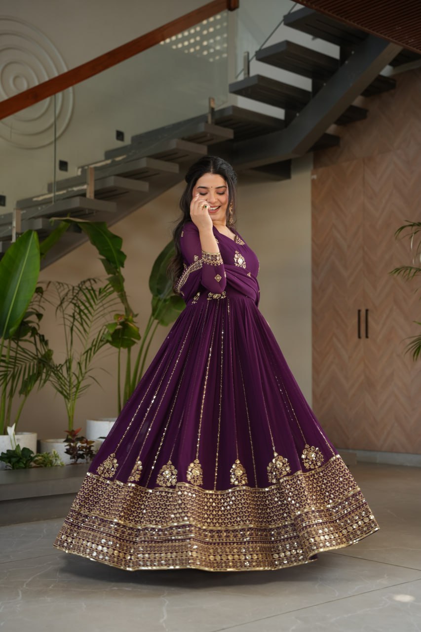 faux blooming gown, designer gown for women, ethnic gown set, zari embroidered gown, sequin work gown, wedding wear gown, festive gown set, stitched gown with dupatta, Indian ethnic wear UK, luxury ethnic gown, full sleeve embroidered gown, ready to wear designer suit, faux blooming fabric gown,