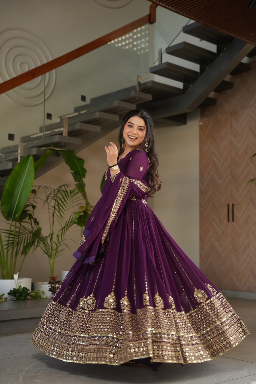 faux blooming gown, designer gown for women, ethnic gown set, zari embroidered gown, sequin work gown, wedding wear gown, festive gown set, stitched gown with dupatta, Indian ethnic wear UK, luxury ethnic gown, full sleeve embroidered gown, ready to wear designer suit, faux blooming fabric gown,