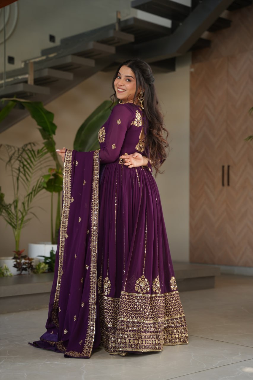 faux blooming gown, designer gown for women, ethnic gown set, zari embroidered gown, sequin work gown, wedding wear gown, festive gown set, stitched gown with dupatta, Indian ethnic wear UK, luxury ethnic gown, full sleeve embroidered gown, ready to wear designer suit, faux blooming fabric gown,