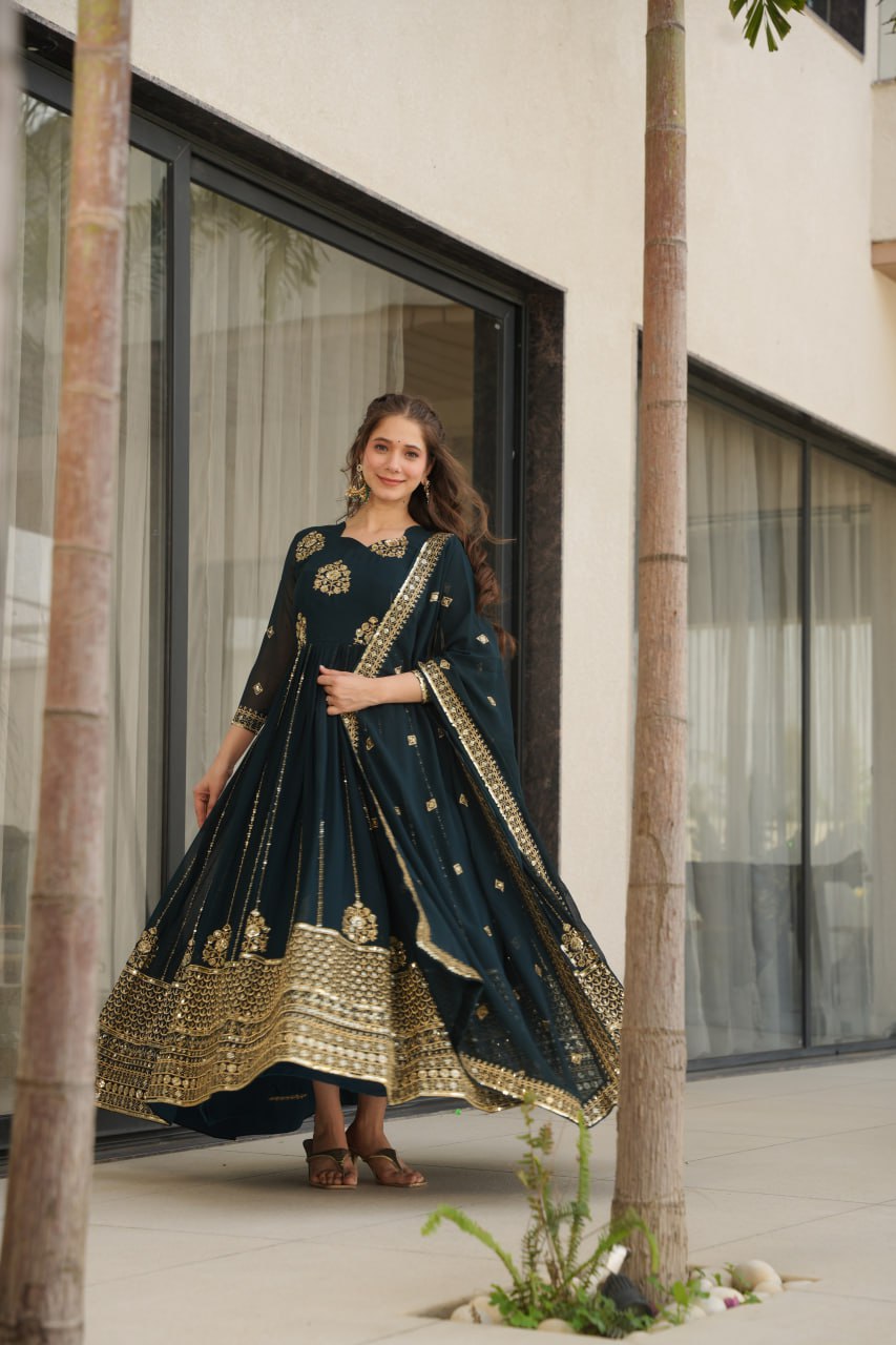 faux blooming gown, designer gown for women, ethnic gown set, zari embroidered gown, sequin work gown, wedding wear gown, festive gown set, stitched gown with dupatta, Indian ethnic wear UK, luxury ethnic gown, full sleeve embroidered gown, ready to wear designer suit, faux blooming fabric gown,