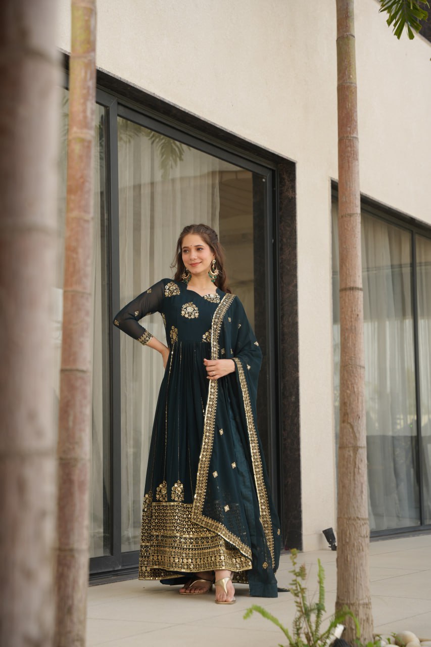 faux blooming gown, designer gown for women, ethnic gown set, zari embroidered gown, sequin work gown, wedding wear gown, festive gown set, stitched gown with dupatta, Indian ethnic wear UK, luxury ethnic gown, full sleeve embroidered gown, ready to wear designer suit, faux blooming fabric gown,