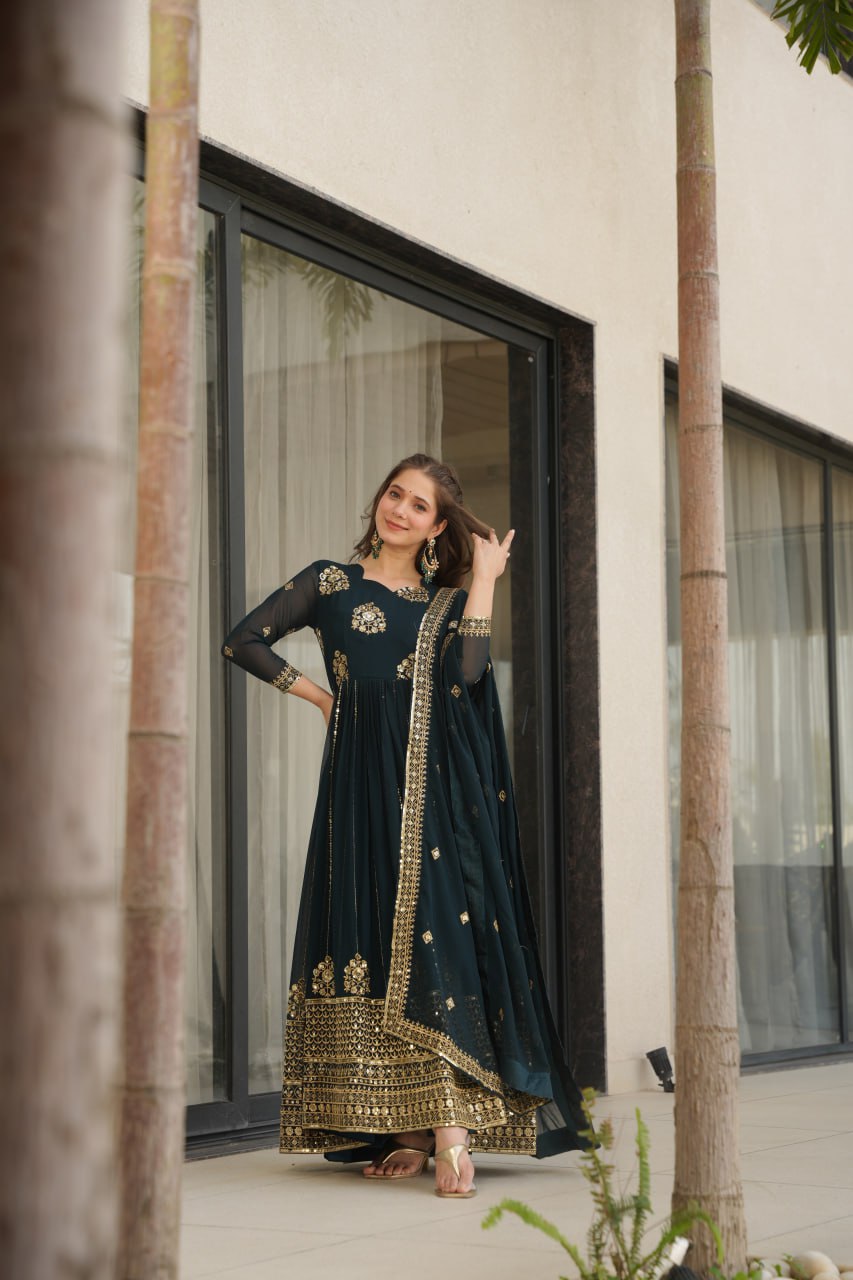 faux blooming gown, designer gown for women, ethnic gown set, zari embroidered gown, sequin work gown, wedding wear gown, festive gown set, stitched gown with dupatta, Indian ethnic wear UK, luxury ethnic gown, full sleeve embroidered gown, ready to wear designer suit, faux blooming fabric gown,