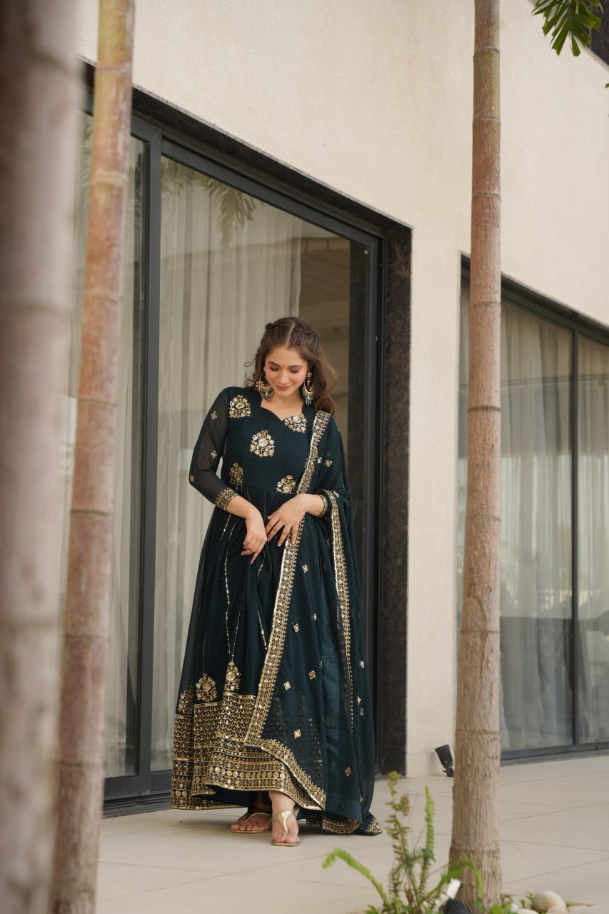 faux blooming gown, designer gown for women, ethnic gown set, zari embroidered gown, sequin work gown, wedding wear gown, festive gown set, stitched gown with dupatta, Indian ethnic wear UK, luxury ethnic gown, full sleeve embroidered gown, ready to wear designer suit, faux blooming fabric gown,